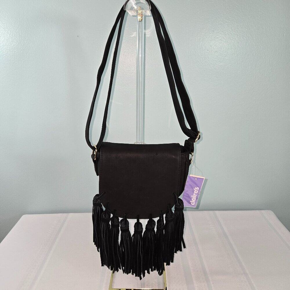 Black Suede Boho Hippie Shoulder Crossbody Bag/Purse with Fringe - NEW